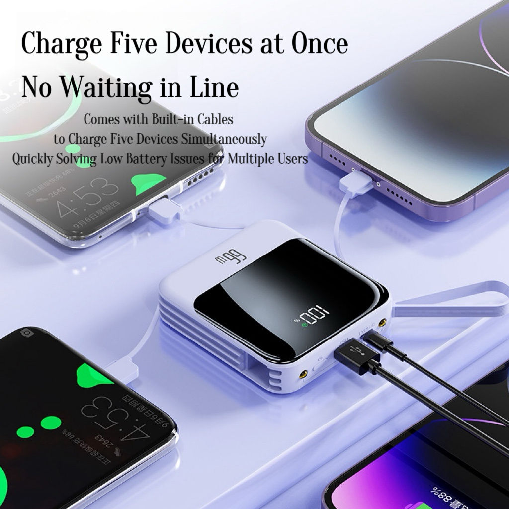 All-in-one power bank -  convenient, fast charging and built-in cables.