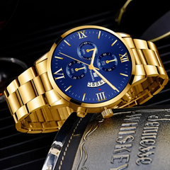 Elegant Gold Steel Men’s Watch with Luxury Bracelet – Classic Roman Dial with Date Display