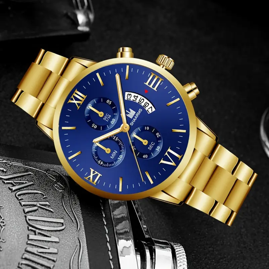 Elegant Gold Steel Men’s Watch with Luxury Bracelet – Classic Roman Dial with Date Display