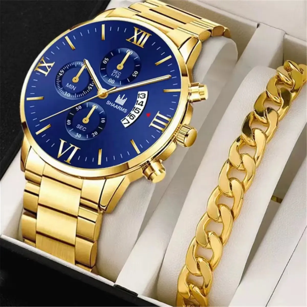 Elegant Gold Steel Men’s Watch with Luxury Bracelet – Classic Roman Dial with Date Display